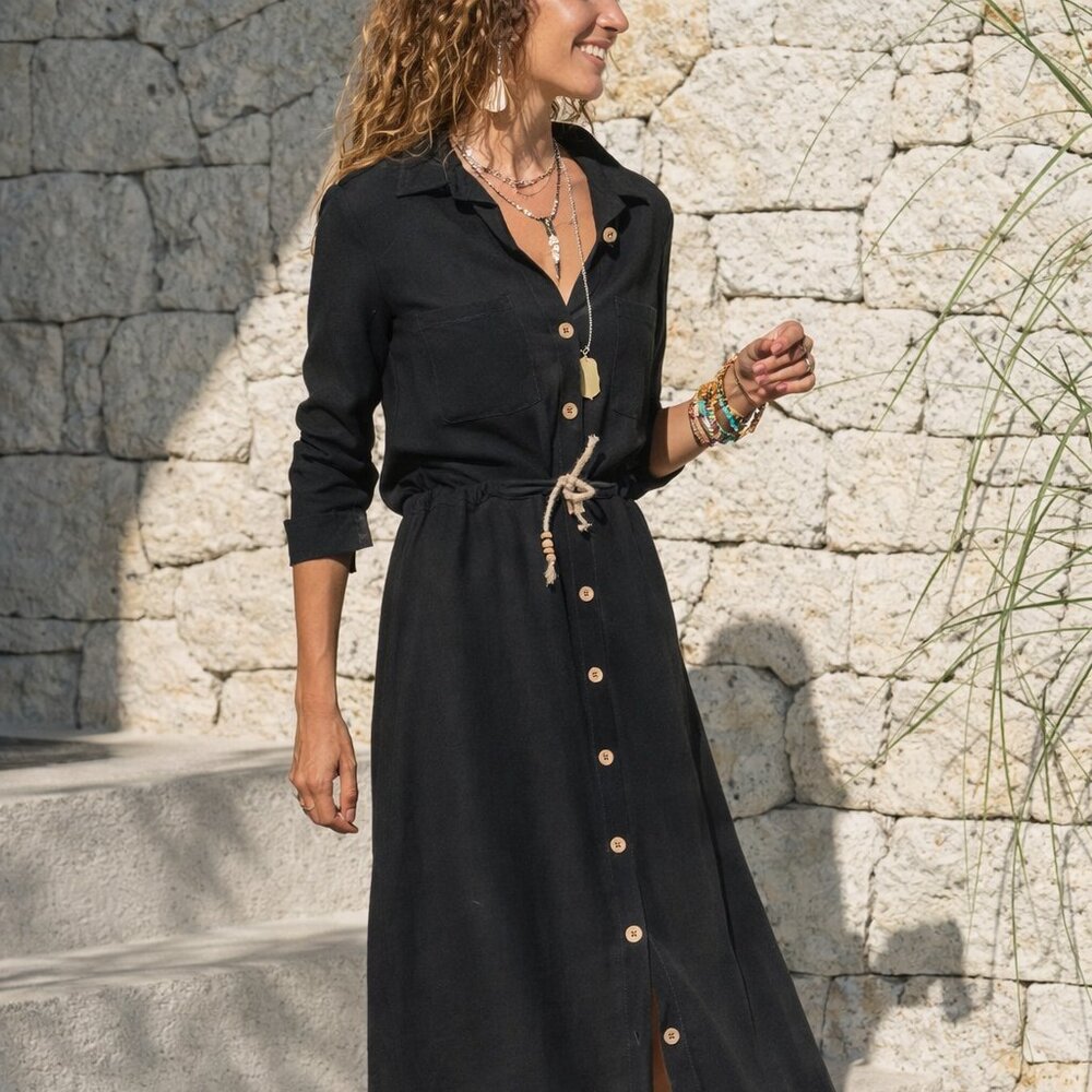 Women’s Black Midi Shirt Dress with Button Front